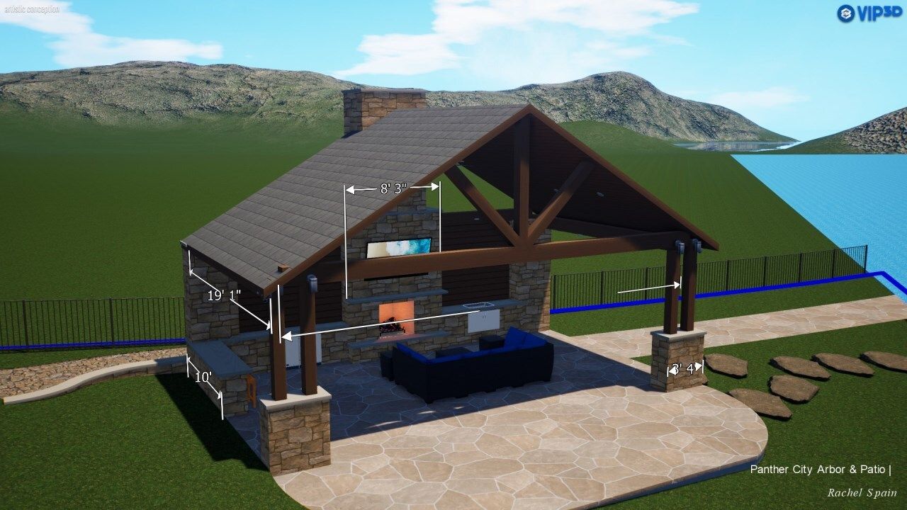 3D design rendering of the planned pavilion, fireplace and patio
