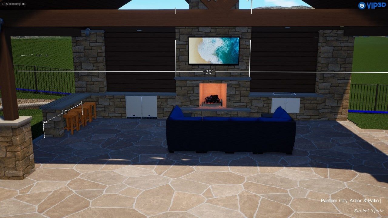 3D rendering of the pavilion interior with fireplace, TV and sectional